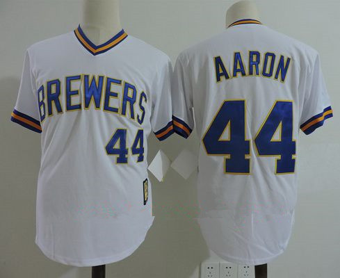 Men's Milwaukee Brewers #44 Hank Aaron White Pullover Throwback Cooperstown Collection Stitched MLB Jersey