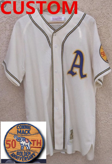 Custom Philadelphia Athletics 50th Anniversary Game Home White Flannel Jersey Custom Philadelphia Athletics 50th Anniversary Game Home White Flannel Jersey