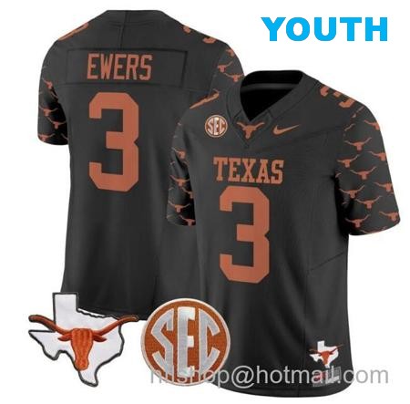 Youth Quinn Ewers Jersey #3 Texas Longhorns State Map and Sec Patch Vapor Limited College Football Stitched Black Youth Quinn Ewers Jersey #3 Texas Longhorns State Map and Sec Patch Vapor Limited College Football Stitched Black