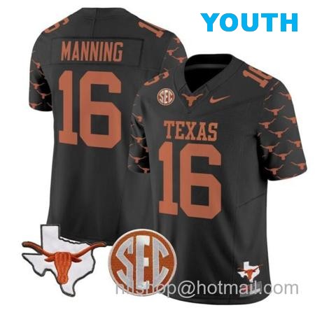 Youth Arch Manning Jersey #16 Texas Longhorns State Map and Sec Patch Vapor Limited College Football Stitched Black Youth Arch Manning Jersey #16 Texas Longhorns State Map and Sec Patch Vapor Limited College Football Stitched Black