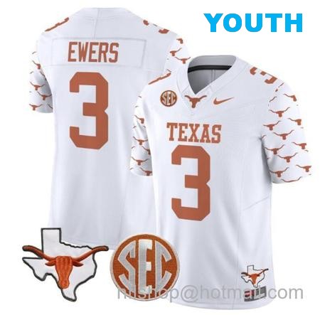 Youth Quinn Ewers Jersey #3 Texas Longhorns State Map and Sec Patch Vapor Limited College Football Stitched White Youth Quinn Ewers Jersey #3 Texas Longhorns State Map and Sec Patch Vapor Limited College Football Stitched White