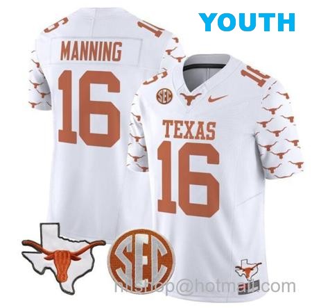Youth Arch Manning Jersey #16 Texas Longhorns State Map and Sec Patch Vapor Limited College Football Stitched White Youth Arch Manning Jersey #16 Texas Longhorns State Map and Sec Patch Vapor Limited College Football Stitched White