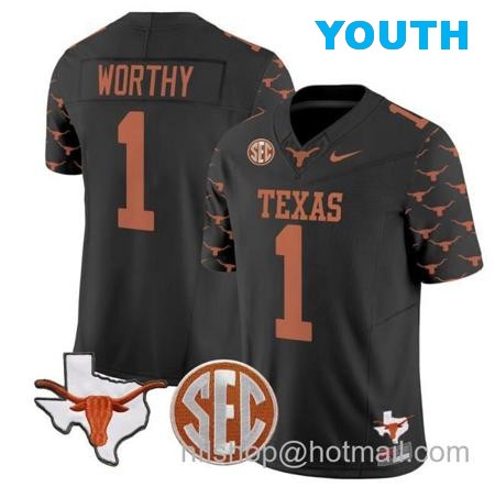 Youth Xavier Worthy Jersey #1 Texas Longhorns State Map and Sec Patch Vapor Limited College Football Stitched Black Youth Xavier Worthy Jersey #1 Texas Longhorns State Map and Sec Patch Vapor Limited College Football Stitched Black