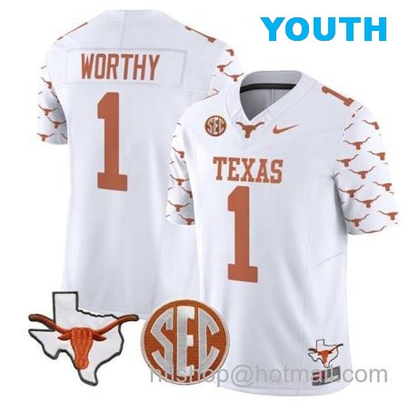 Youth Xavier Worthy Jersey #1 Texas Longhorns State Map and Sec Patch Vapor Limited College Football Stitched White Youth Xavier Worthy Jersey #1 Texas Longhorns State Map and Sec Patch Vapor Limited College Football Stitched White