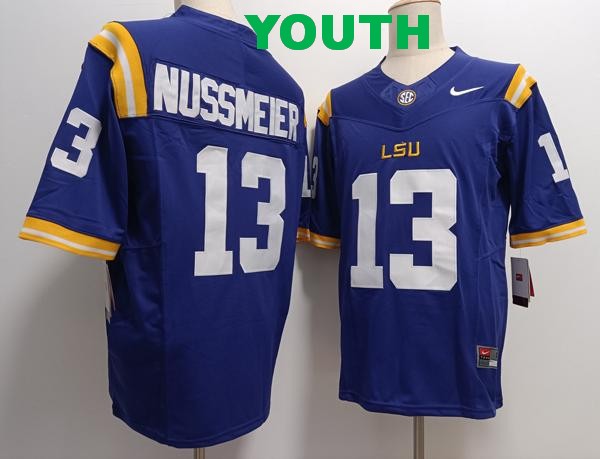 Youth LSU Tigers #13 Garrett Nussmeier Purple Vapor F.U.S.E. Limited College Stitched Jersey Youth LSU Tigers #13 Garrett Nussmeier Purple Vapor F.U.S.E. Limited College Stitched Jersey