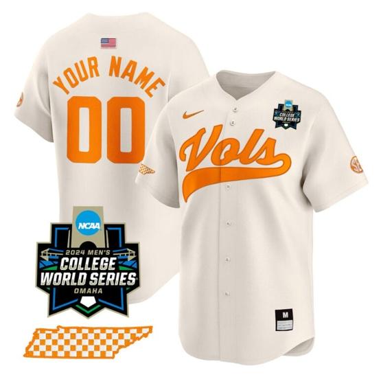 Men's Custom Tennessee Volunteers Jersey 2024 College World Series Vapor Premier Limited V2 NCAA Baseball Stitched Cream