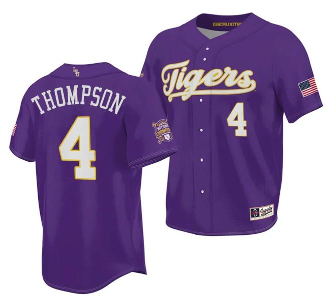 Men's 2023 College World Series Champions Jordan Thompson Jersey LSU Tigers NCAA Baseball Purple #4