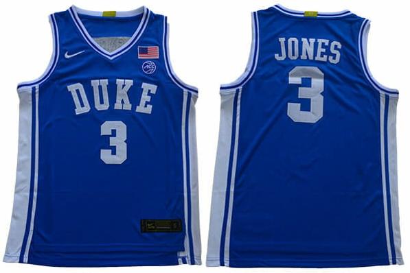 Men's Duke Blue Devils #3 Jones Basketball NCAA Basketball Jersey Blue