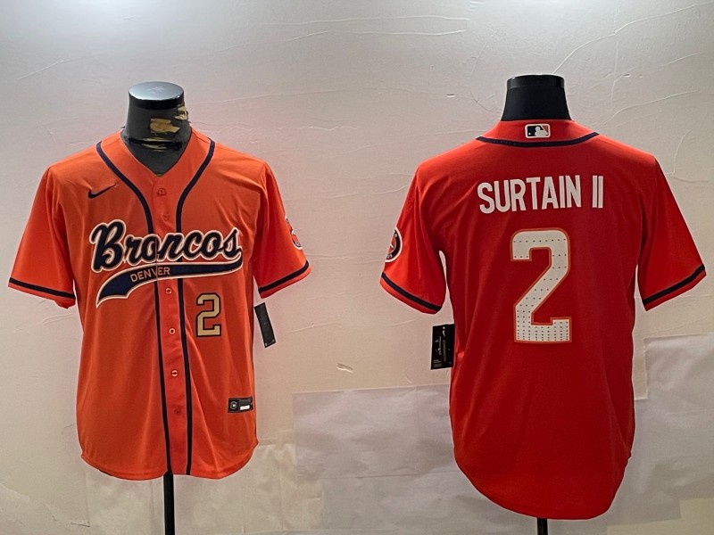 Men's Denver Broncos #2 Patrick Surtain II Orange With Number Gold Cool Base Stitched Baseball Jersey
