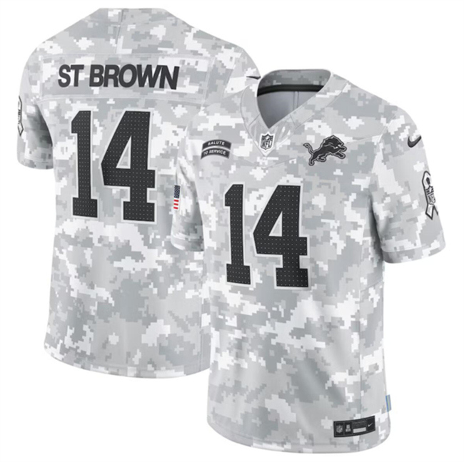 Youth Detroit Lions #14 Amon-Ra St. Brown 2024 F.U.S.E Arctic Camo Salute to Service Limited Stitched Jersey