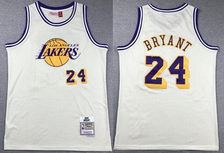 Men's Los Angeles Lakers #24 Kobe Bryant Cream Chainstitch Throwback Swingman Jersey