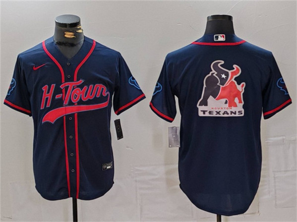 Men's Houston Texans Blank Navy With Patch Big Logo Cool Base Stitched Baseball Jersey