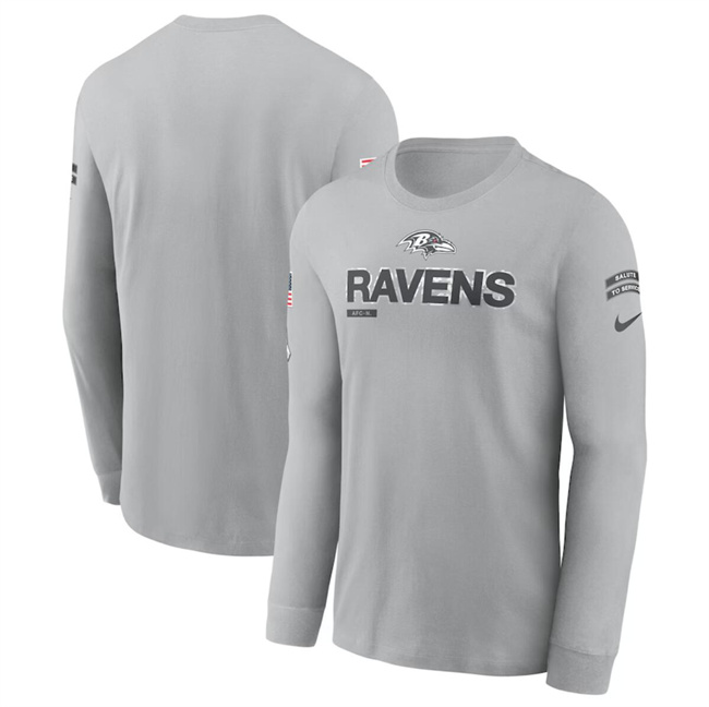 Men's Baltimore Ravens 2024 Gray Salute To Service Long Sleeve T-Shirt Men's Baltimore Ravens 2024 Gray Salute To Service Long Sleeve T-Shirt