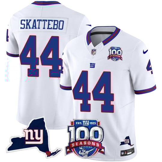 Men's New York Giants #44 Cam Skattebo 2025 Draft White 100th Season & State Patch Vapor Limited Stitched NFL Jersey Men's New York Giants #44 Cam Skattebo 2025 Draft White 100th Season & State Patch Vapor Limited Stitched NFL Jersey
