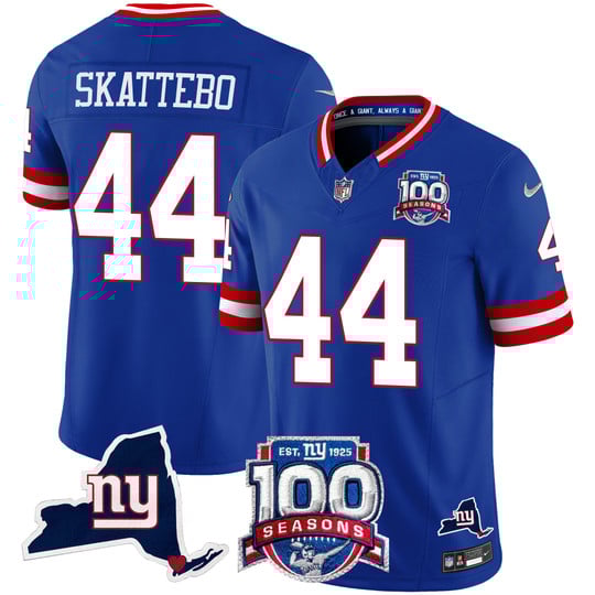Men's New York Giants #44 Cam Skattebo Royal 2025 Draft 100th Season & State Patch Vapor Limited Stitched NFL Jersey Men's New York Giants #44 Cam Skattebo Royal 2025 Draft 100th Season & State Patch Vapor Limited Stitched NFL Jersey