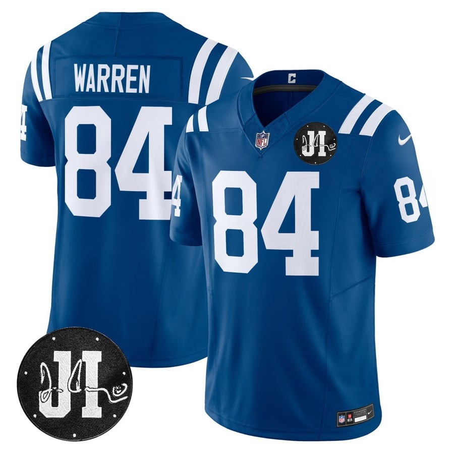 Men's Indianapolis Colts #84 Tyler Warren Royal With Jim Irsay Patch Limited Stitched Jersey