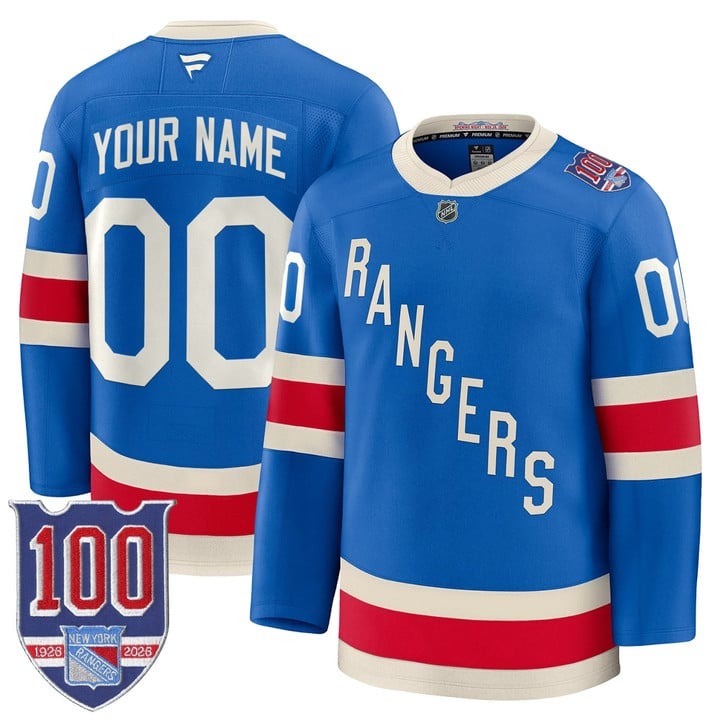 Men's New York Rangers Custom  Blue 1926 Throwback 100th Anniversary Patch Premium Stitched Jersey