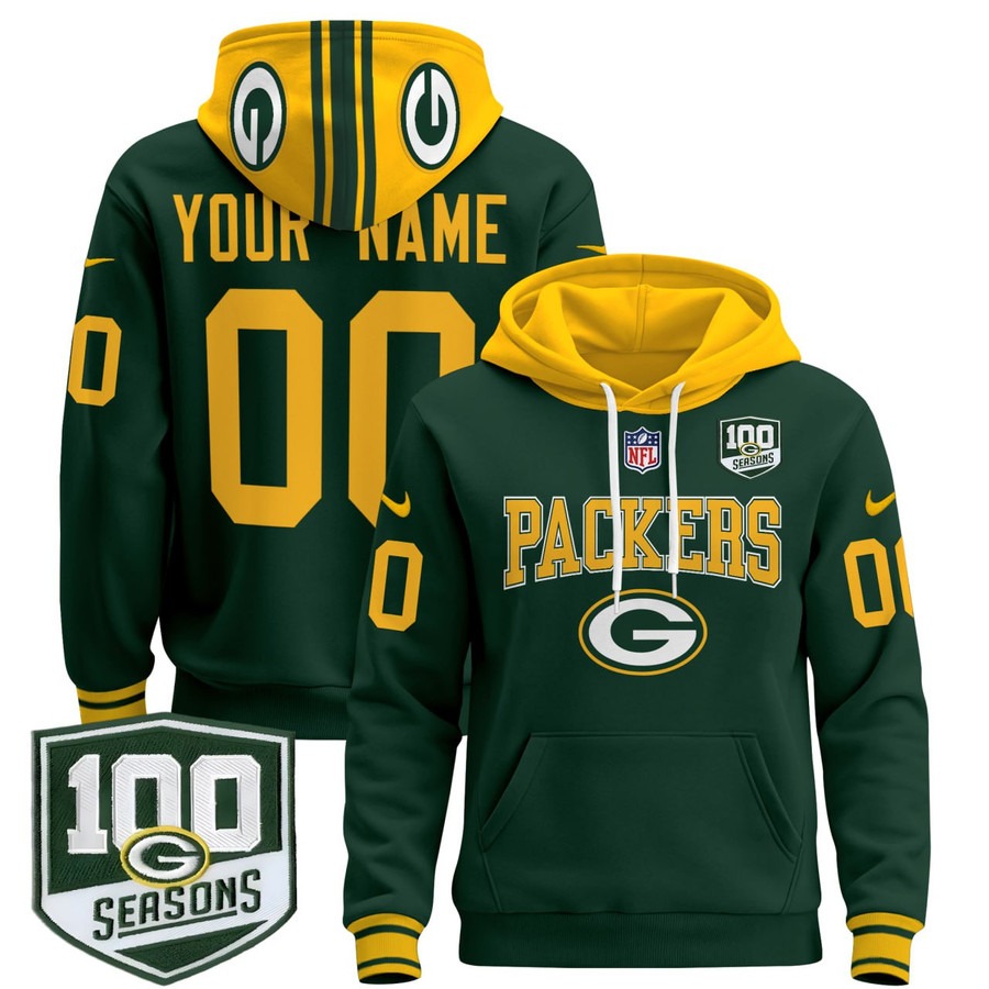 Men's Nike Green Bay Packers Custom Green 100 Seasons Patch 2025 Pullover Stitched Hoodie Men's Nike Green Bay Packers Custom Green 100 Seasons Patch 2025 Pullover Stitched Hoodie
