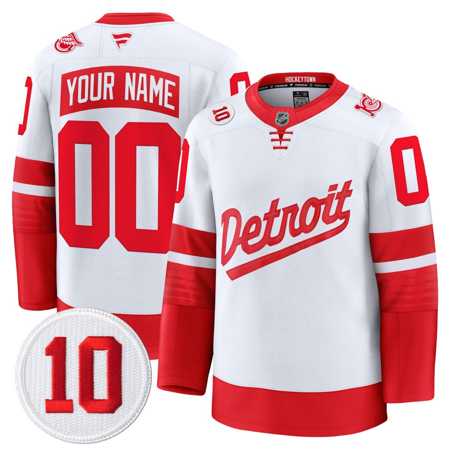 Men's Detroit Red Wings Custom White Stadium Series With #10 Alex Delvecchio Honoring Patch Premium Stitched Hockey Jersey