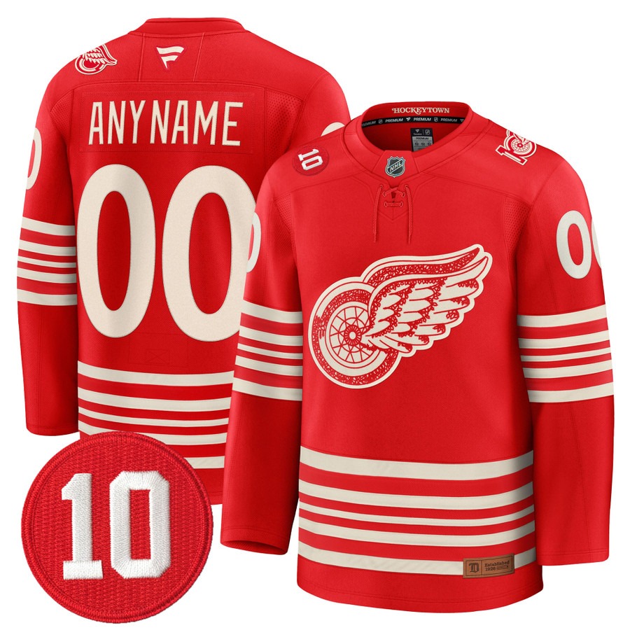 Men's Detroit Red Wings Custom Red Centennial Season With #10 Alex Delvecchio Honoring Patch Premium Stitched Hockey Jersey
