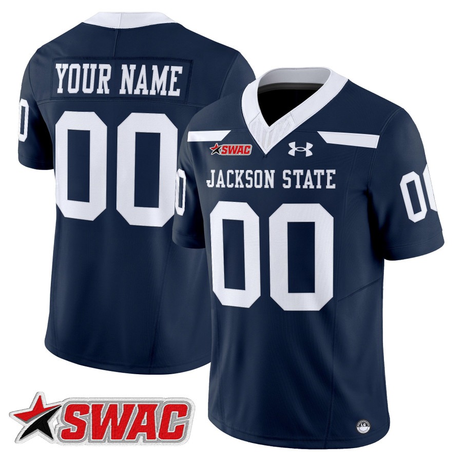 Men's Jackson State Tigers Custom Navy Blue 2025 Vapor Limited Stitched Football Jersey