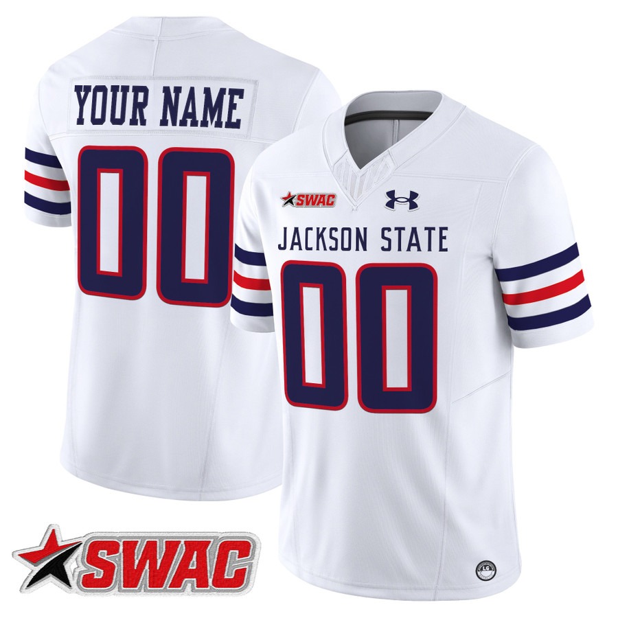 Men's Jackson State Tigers Custom White 2025 Vapor Limited Stitched Football Jersey