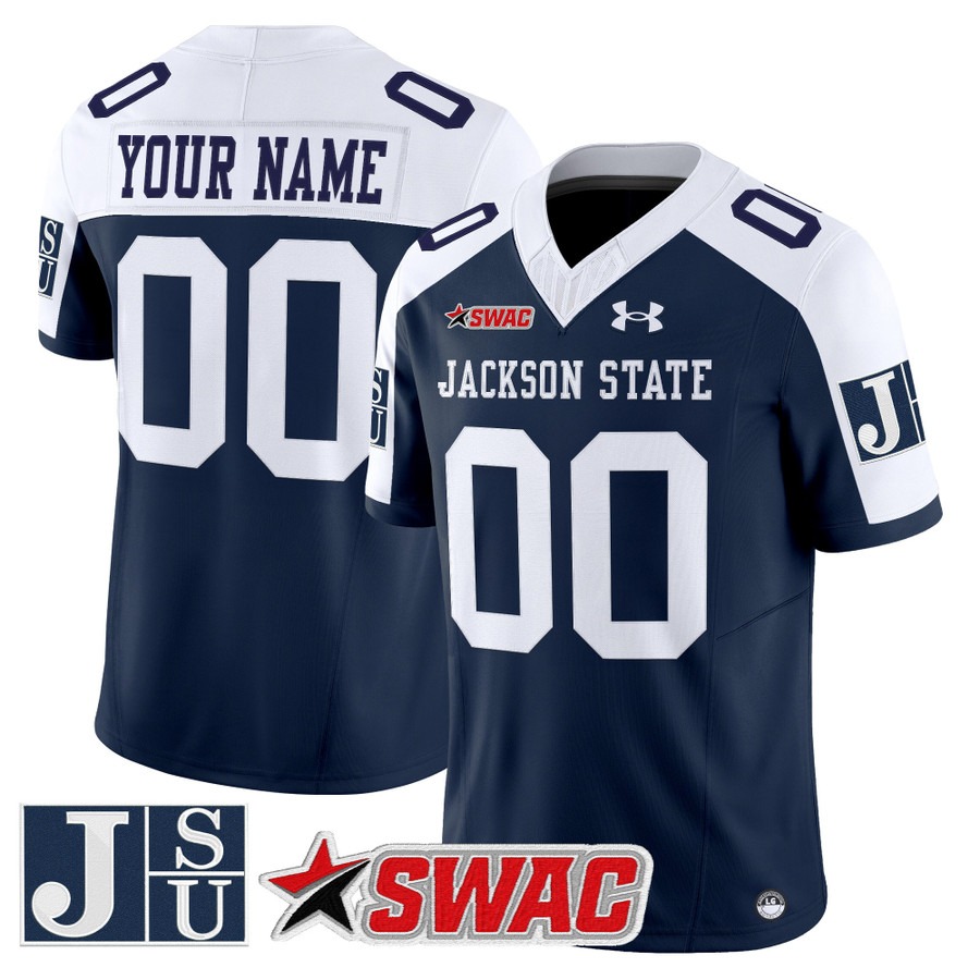 Men's Jackson State football Tigers Custom Navy White 2025 Vapor Limited Stitched Jersey