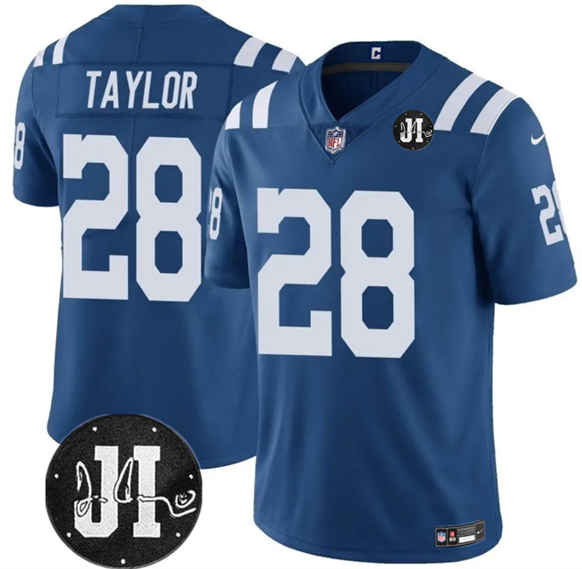 Men's Indianapolis Colts #28 Jonathan Taylor Blue Jim Irsay Patch Vapor Stitched Jersey