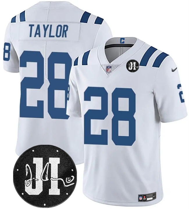 Men's Indianapolis Colts #28 Jonathan Taylor White Jim Irsay Patch Vapor Limited Stitched Football Jersey