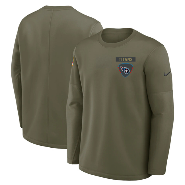 Men's Tennessee Titans Olive 2025 Salute to Service Sideline Coaches Therma-FIT Long Sleeve Shirt Men's Tennessee Titans Olive 2025 Salute to Service Sideline Coaches Therma-FIT Long Sleeve Shirt