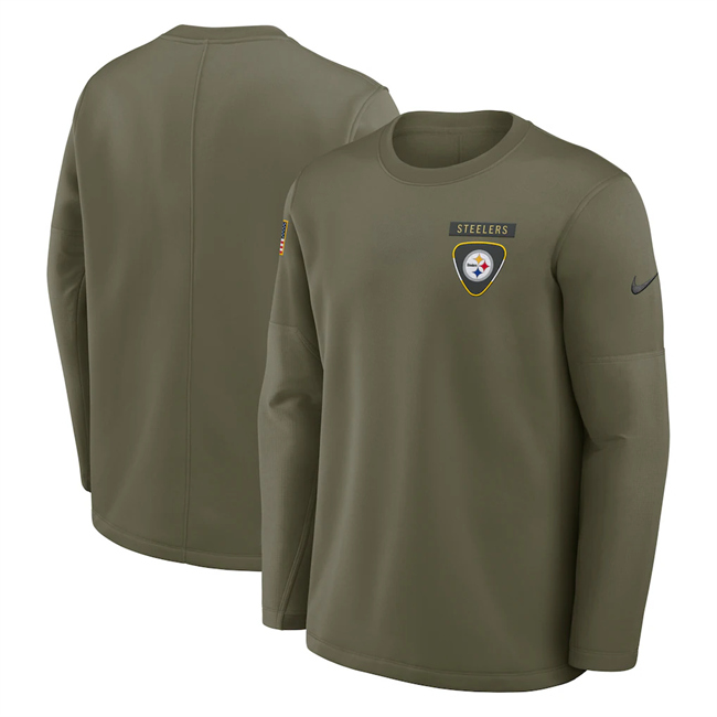 Men's Pittsburgh Steelers Olive 2025 Salute to Service Sideline Coaches Therma-FIT Long Sleeve Shirt Men's Pittsburgh Steelers Olive 2025 Salute to Service Sideline Coaches Therma-FIT Long Sleeve Shirt