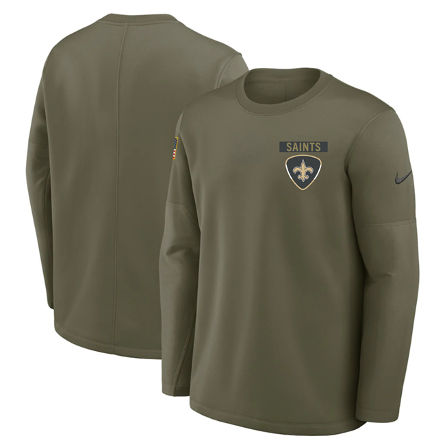 Men's New Orleans Saints Olive 2025 Salute to Service Sideline Coaches Therma-FIT Long Sleeve Shirt Men's New Orleans Saints Olive 2025 Salute to Service Sideline Coaches Therma-FIT Long Sleeve Shirt