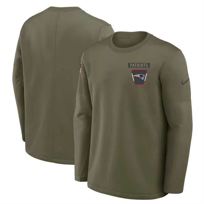 Men's New England Patriots Olive 2025 Salute to Service Sideline Coaches Therma-FIT Long Sleeve Shirt Men's New England Patriots Olive 2025 Salute to Service Sideline Coaches Therma-FIT Long Sleeve Shirt
