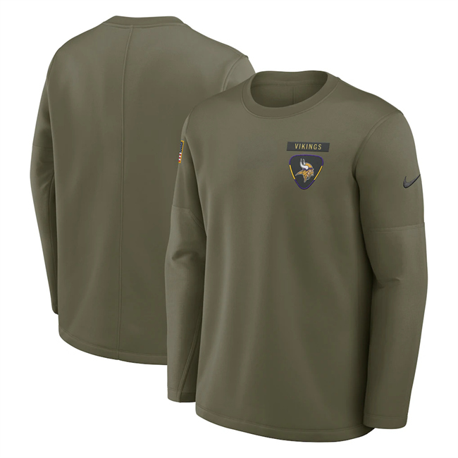Men's Minnesota Vikings Olive 2025 Salute to Service Sideline Coaches Therma-FIT Long Sleeve Shirt Men's Minnesota Vikings Olive 2025 Salute to Service Sideline Coaches Therma-FIT Long Sleeve Shirt