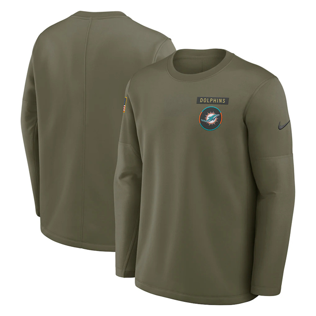 Men's Miami Dolphins Olive 2025 Salute to Service Sideline Coaches Therma-FIT Long Sleeve Shirt Men's Miami Dolphins Olive 2025 Salute to Service Sideline Coaches Therma-FIT Long Sleeve Shirt