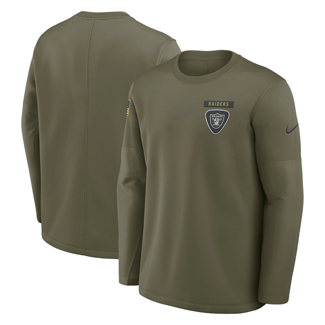 Men's Las Vegas Raiders Olive 2025 Salute to Service Sideline Coaches Therma-FIT Long Sleeve Shirt Men's Las Vegas Raiders Olive 2025 Salute to Service Sideline Coaches Therma-FIT Long Sleeve Shirt