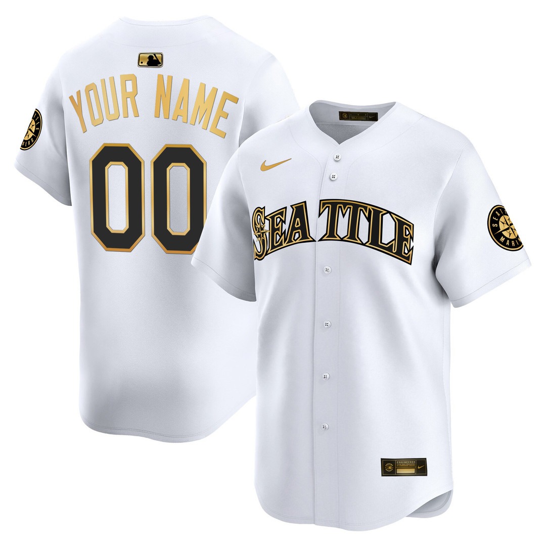 Men's Seattle Mariners Custom White Gold 2025 Vapor Premier Limited Stitched Baseball Jersey Men's Seattle Mariners Custom White Gold 2025 Vapor Premier Limited Stitched Baseball Jersey