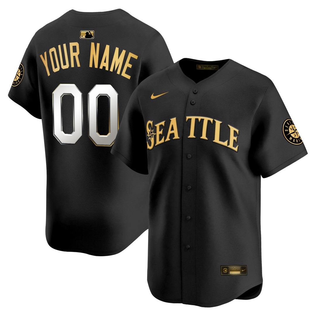Men's Seattle Mariners Custom Black Gold 2025 Vapor Premier Limited Stitched Baseball Jersey Men's Seattle Mariners Custom Black Gold 2025 Vapor Premier Limited Stitched Baseball Jersey