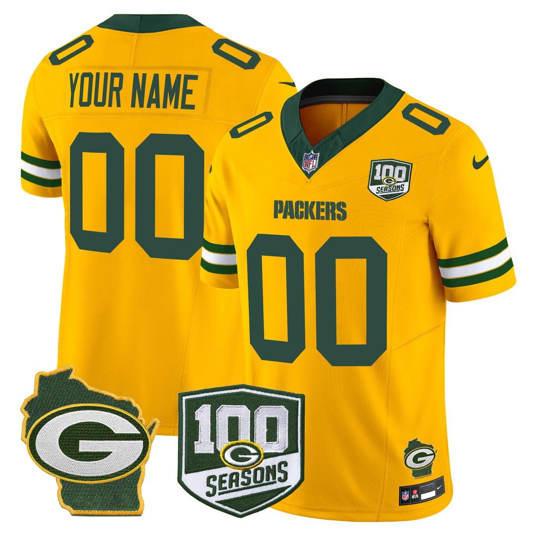 Men's Green Bay Packers Custom Gold F.U.S.E. 100th Season & Home Patch Vapor Limited Stitched Jersey