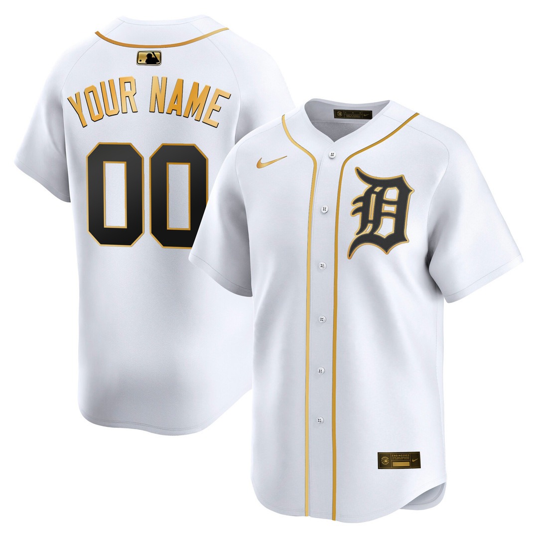 Men's Detroit Tigers Custom White Gold 2025 Vapor Premier Limited Stitched Baseball Jersey Men's Detroit Tigers Custom White Gold 2025 Vapor Premier Limited Stitched Baseball Jersey