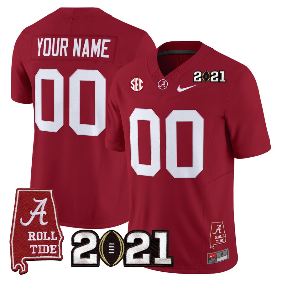 Men's Alabama Crimson Tide Custom Crimson F.U.S.E. With 2021 CFP National Championship & Alabama Map Patch Vapor Limited Stitched Football Jersey Men's Alabama Crimson Tide Custom Crimson F.U.S.E. With 2021 CFP National Championship & Alabama Map Patch Vapor Limited Stitched Football Jersey