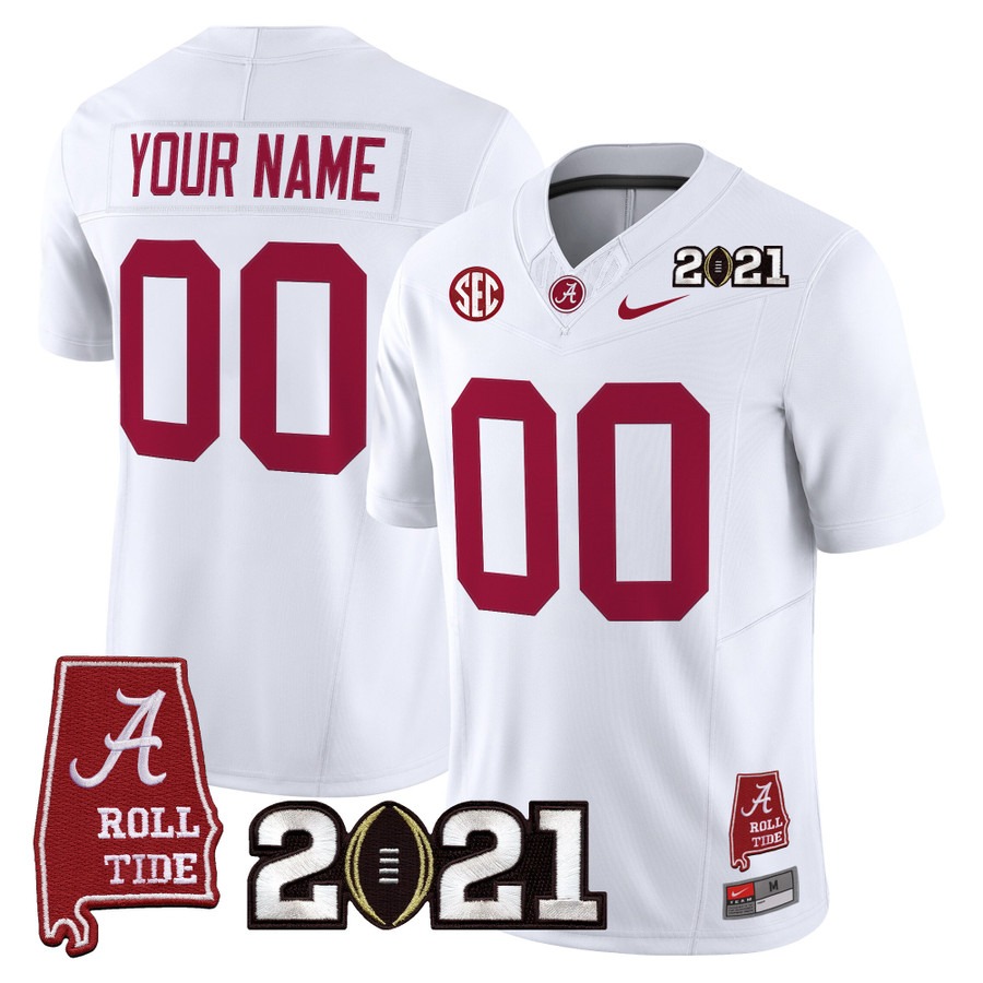 Men's Alabama Crimson Tide Custom White F.U.S.E. With 2021 CFP National Championship & Alabama Map Patch Vapor Limited Stitched Football Jersey Men's Alabama Crimson Tide Custom White F.U.S.E. With 2021 CFP National Championship & Alabama Map Patch Vapor Limited Stitched Football Jersey