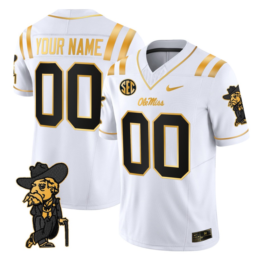 Men's Ole Miss Rebels Custom Gold White F.U.S.E. 2025 Vapor Limited Stitched Football Jersey Men's Ole Miss Rebels Custom Gold White F.U.S.E. 2025 Vapor Limited Stitched Football Jersey