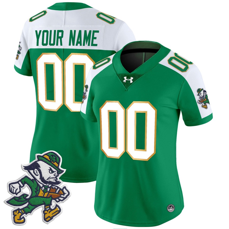 Women's Notre Dame Fighting Irish Custom 2025 'Gridiron Leprechaun Edition' Vapor Limited Stitched Football Jersey Green Alternate Women's Notre Dame Fighting Irish Custom 2025 'Gridiron Leprechaun Edition' Vapor Limited Stitched Football Jersey Green Alternate