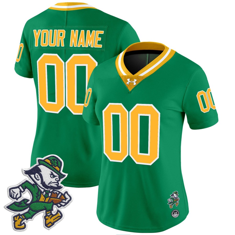 Women's Notre Dame Fighting Irish Custom 2025 'Gridiron Leprechaun Edition' Vapor Limited Stitched Football Jersey Green Throwback Women's Notre Dame Fighting Irish Custom 2025 'Gridiron Leprechaun Edition' Vapor Limited Stitched Football Jersey Green Throwback