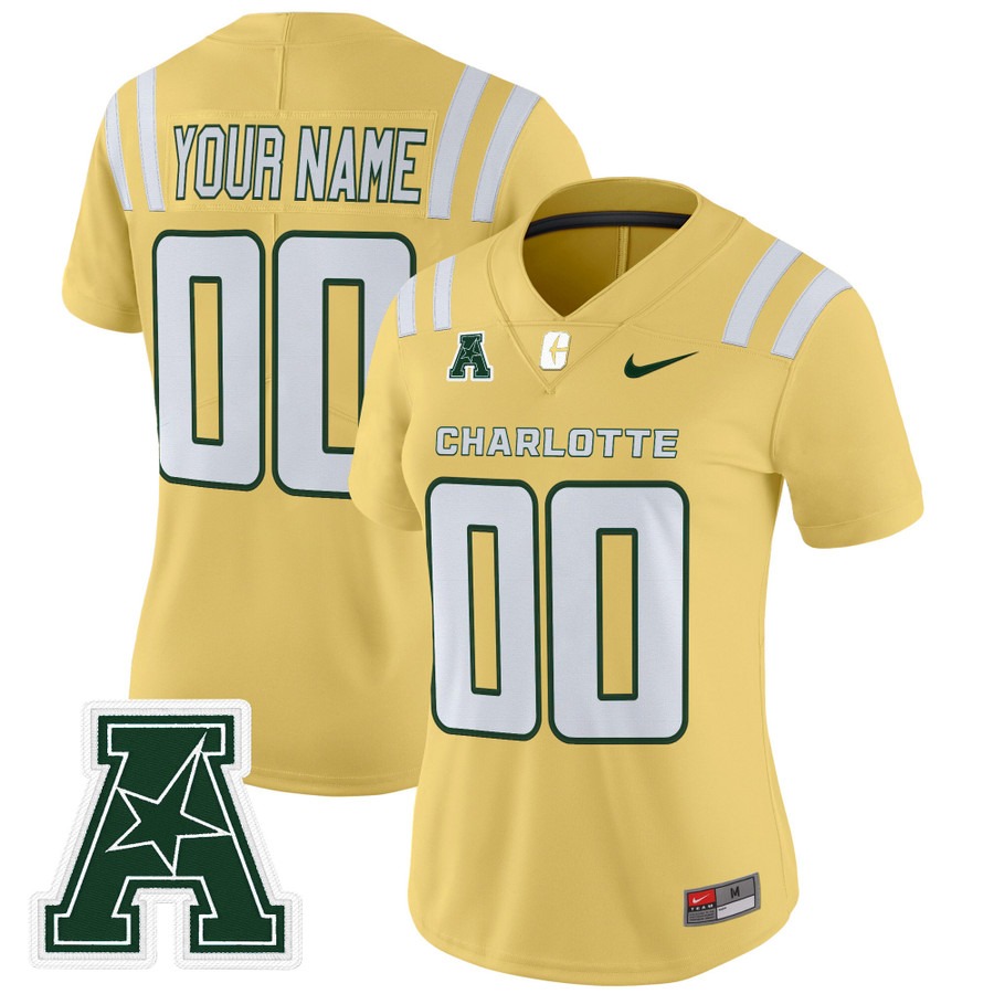 Women's Charlotte 49ers Custom Gold 2025 Vapor Limited Stitched Football Jersey