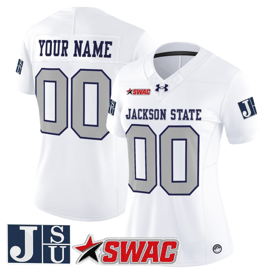 Women's Jackson State Tigers Custom White Limited 2025 Vapor F.U.S.E. Limited Stitched Football Jersey