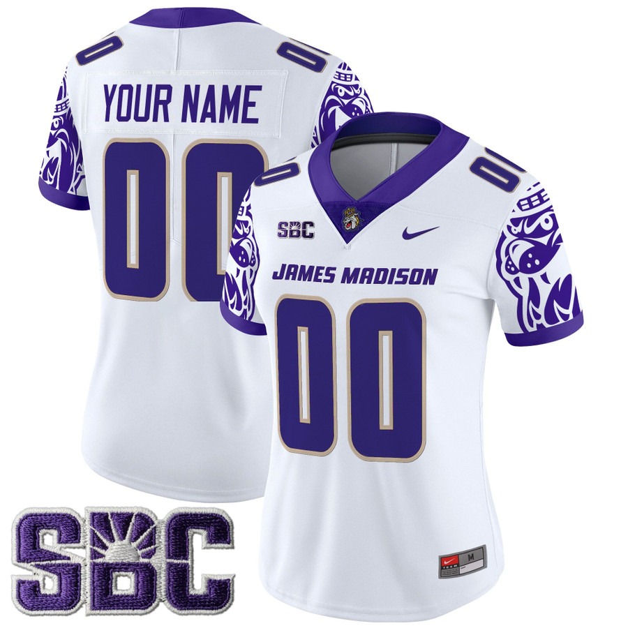 Women's James Madison Dukes Custom White 2025 Vapor Limited Stitched Football V2 Jersey Women's James Madison Dukes Custom White 2025 Vapor Limited Stitched Football V2 Jersey
