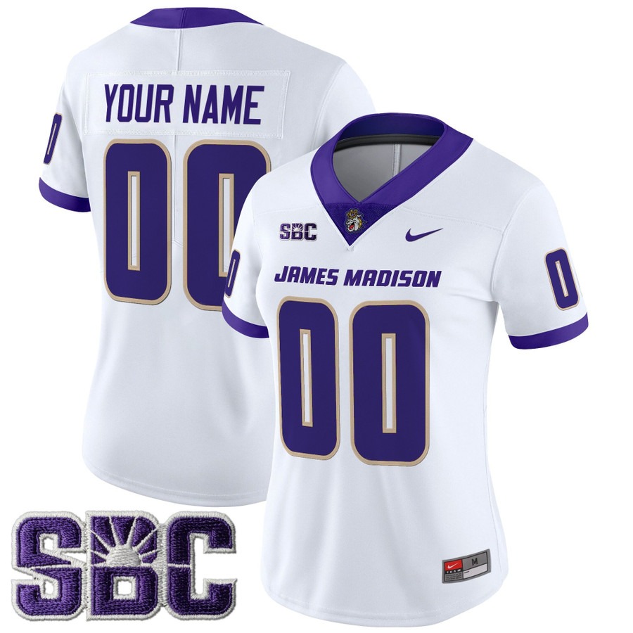 Women's James Madison Dukes Custom White 2025 Vapor Limited Stitched Football Jersey Women's James Madison Dukes Custom White 2025 Vapor Limited Stitched Football Jersey