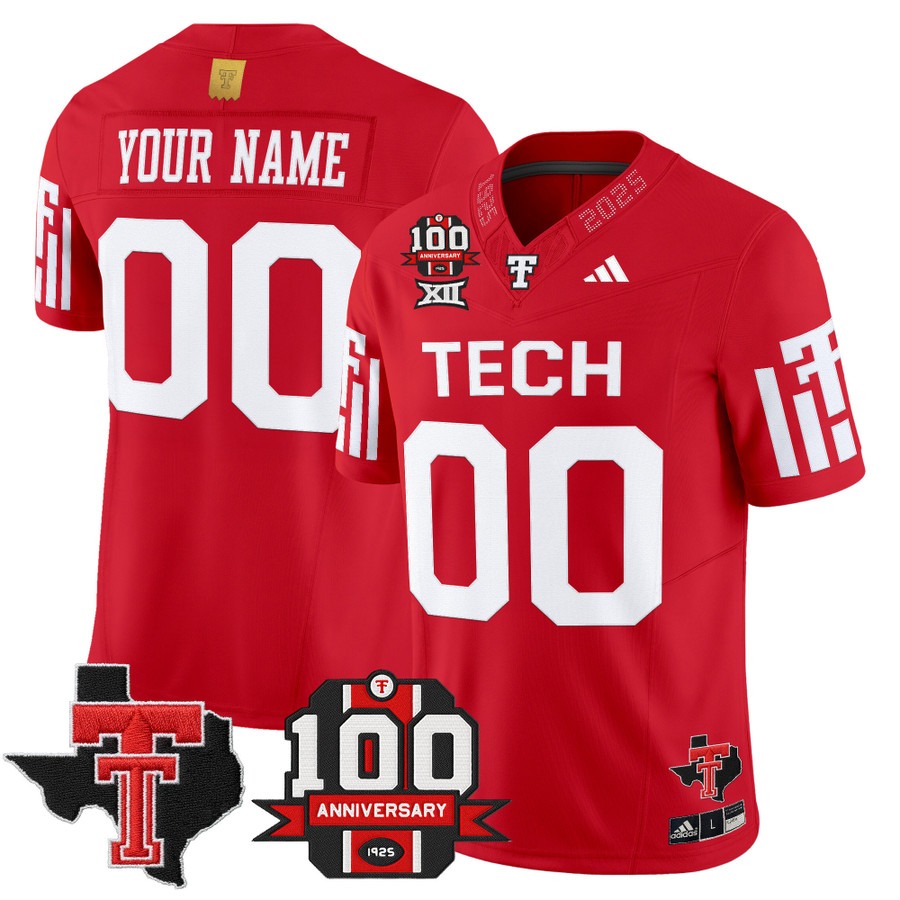 Men's Texas Tech Red Raiders Custom Red 2025 With 100th Anniversary & Texas Patch Vapor F.U.S.E. Limited Stitched Football Jersey Men's Texas Tech Red Raiders Custom Red 2025 With 100th Anniversary & Texas Patch Vapor F.U.S.E. Limited Stitched Football Jersey